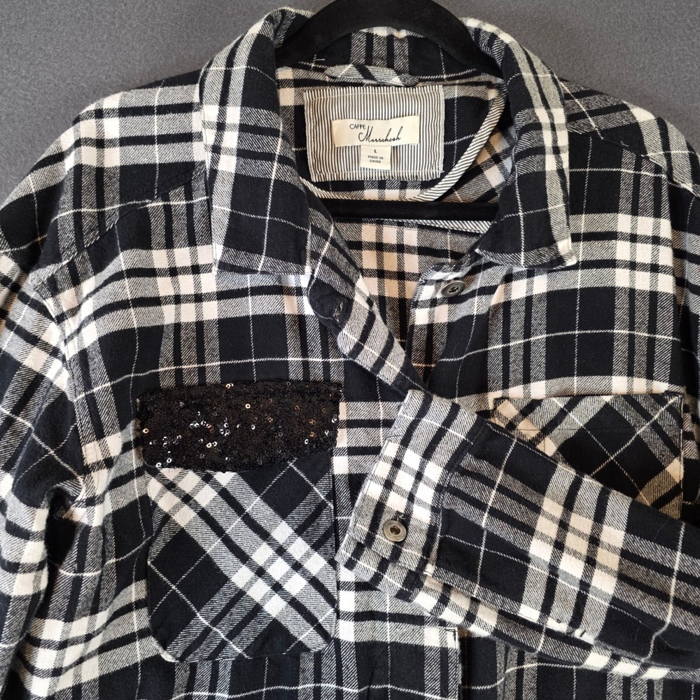 Caffe‎ Marrakesh Womens Plaid Sequin Accent Flannel Shirt Black White Large